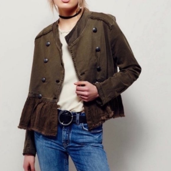 Free People Ruffle Hem Military Jacket Size S Double Breasted Peplum Green - Picture 2 of 11